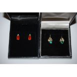 PAIR OF YELLOW METAL, EMERALD AND DIAMOND SET EARRINGS STAMPED '14K', TOGETHER WITH ANOTHER PAIR