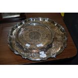 ELECTROPLATED PRESENTATION SALVER TO 'MAJOR J.A.D. MURDOCH' AND ANOTHER LARGER ELECTROPLATED SALVER