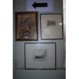 GROUP OF THREE PICTURES TO INCLUDE AN ETCHING TITLED 'BOUND HOME', ANOTHER ARCHITECTURAL INTEREST