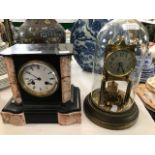 VICTORIAN BLACK AND CREAM MARBLE MANTLE CLOCK TOGETHER WITH A GLASS DOMED TORSION CLOCK