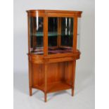 A late 19th century satinwood and ebony lined display cabinet on stand, the moulded cornice above