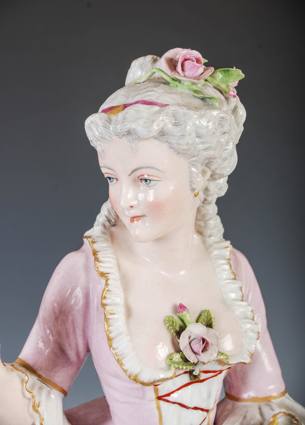 A pair of late 19th century Dresden porcelain figures, the male modelled standing holding a rose - Image 3 of 6