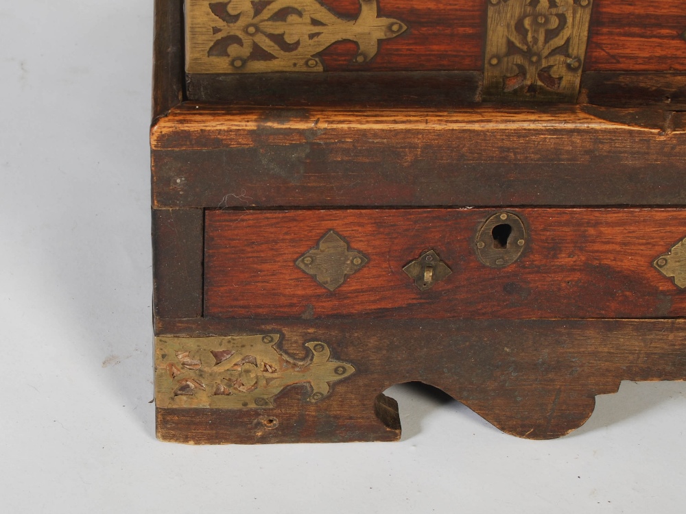 A 19th century Anglo-Indian brass bound chest on stand, the hinged rectangular top inlaid with - Image 3 of 7