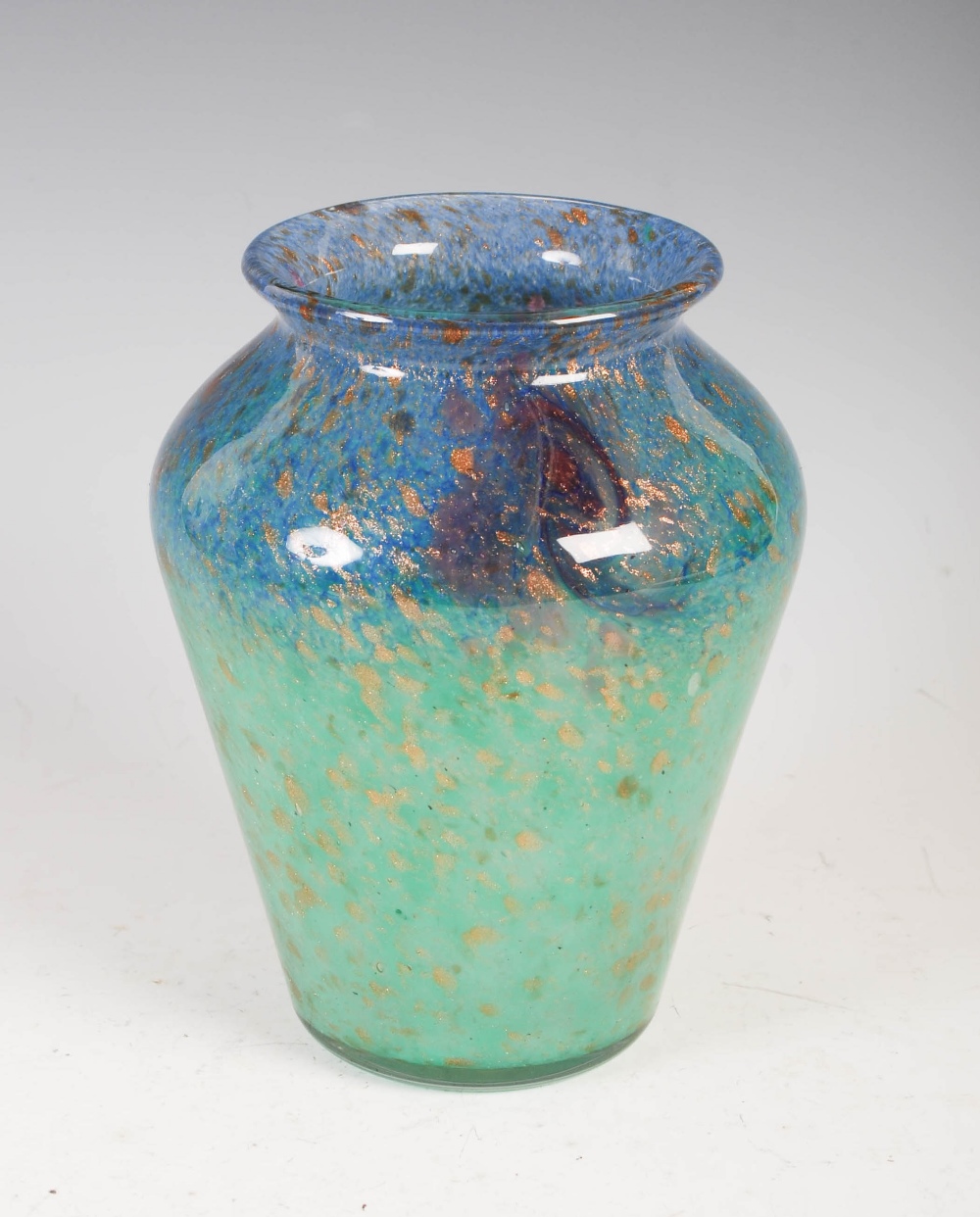 A Monart vase, shape GF, mottled blue, purple and green glass with coloured inclusions and three