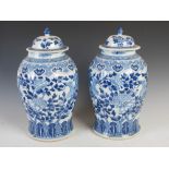 A pair of Chinese porcelain blue and white jars and covers, Qing Dynasty, decorated with pairs of
