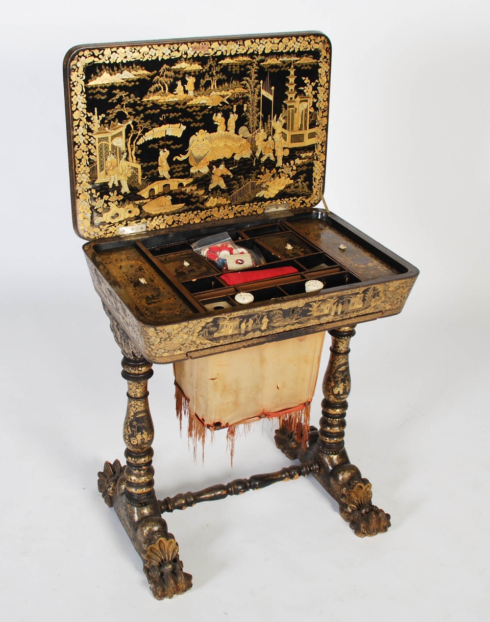 A 19th century Chinese export lacquer work table, the hinged rectangular top decorated with - Image 6 of 9