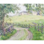 Malcolm Patterson (fl.1921-1938) Country lane with farm buildings watercolour, signed lower right