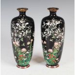 A Pair of Japanese blue ground silver wire work cloisonne vases, Meiji Period, decorated with