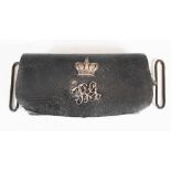 A 19th century Military dispatch pouch, with white metal mounts, containing lead shot, 15.5cm wide.