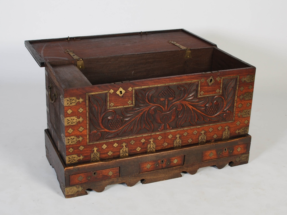 A 19th century Anglo-Indian brass bound chest on stand, the hinged rectangular top inlaid with - Image 5 of 7