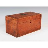 A 19th century burr wood veneered tea caddy, the hinged rectangular top opening to a fitted interior