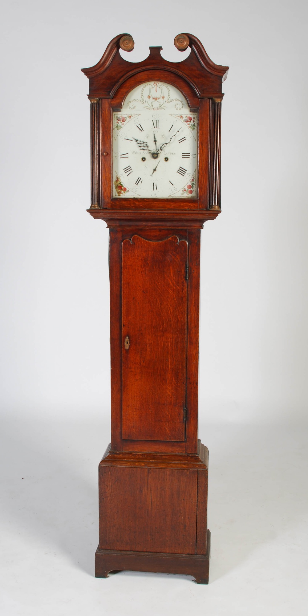 A George III oak longcase clock, Walter Scott, Lauder, the enamelled dial with Arabic and Roman