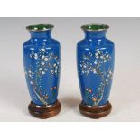 A Pair of Japanese blue ground cloisonne vases, late 19th/ early 20th century, with silver wire work