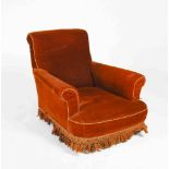 A 19th century walnut carpet/ velvet upholstered armchair, the burnt orange upholstered back, arms