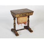 A 19th century Chinese export lacquer work table, the hinged rectangular top decorated with