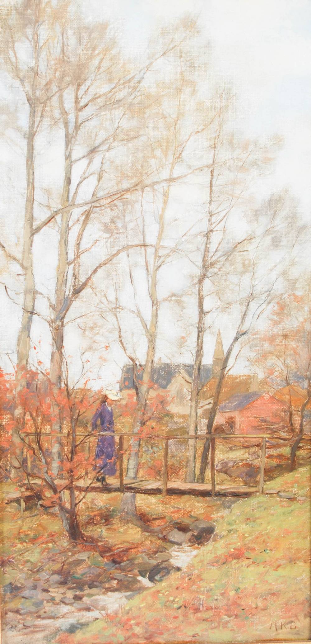 Alexander Kellock Brown RSA RSW RI (1849-1922) Autumnal garden with girl crossing a bridge oil on
