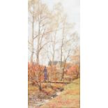 Alexander Kellock Brown RSA RSW RI (1849-1922) Autumnal garden with girl crossing a bridge oil on