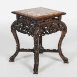 Chinese dark wood urn stand, Qing Dynasty, the square top with shaped pink and white marble insert