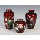 A Group of three Japanese cloisonne enamel Ginbari vases, Taisho Period, to include a tapered