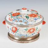 A Chinese porcelain famille verte white metal mounted tureen and cover, Qing Dynasty, decorated with