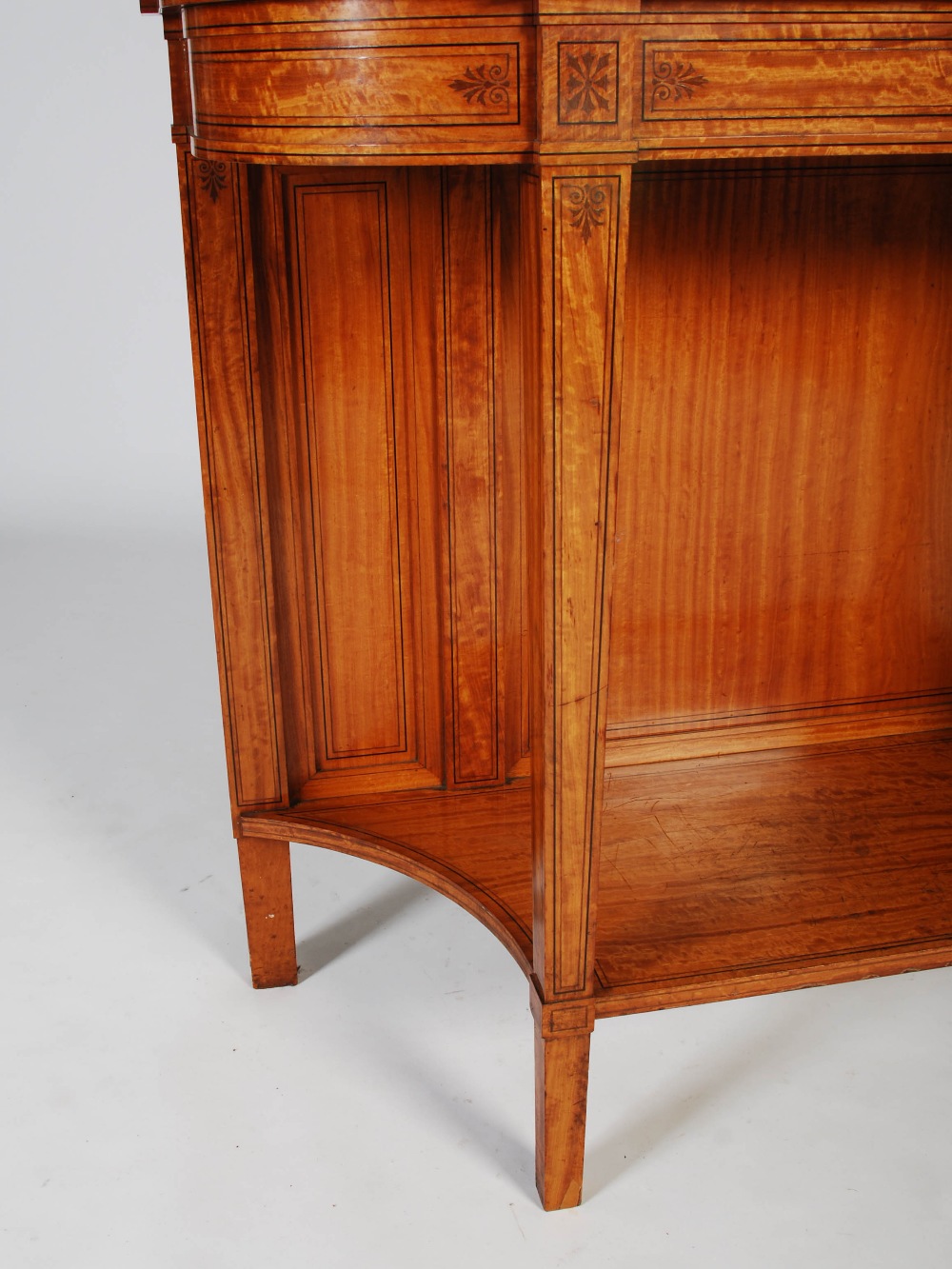 A late 19th century satinwood and ebony lined display cabinet on stand, the moulded cornice above - Image 3 of 7