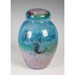 A rare Monart jar and cover, shape VJ, mottled blue, green and pink to purple glass with gold