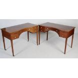 A near pair of 19th century mahogany and boxwood lined side tables, the rectangular tops with