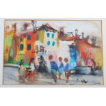 AR Hamish B. Lawrie (1919-1987) Street scene with figures watercolour and gouache, signed lower