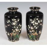 A Pair of Japanese black ground silver wire work cloisonne vases, Meiji Period, decorated with