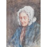 Henry Wright Kerr RSA RSW (1857-1936) The White bonnet, half length portrait of an elderly lady