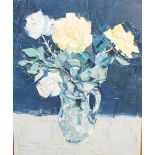 AR David Smith (1920-1999) Still life with yellow and white roses oil on board, incised signature