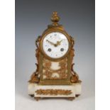 A late 19th century French gilt metal and white marble mantel clock, the circular dial with Arabic
