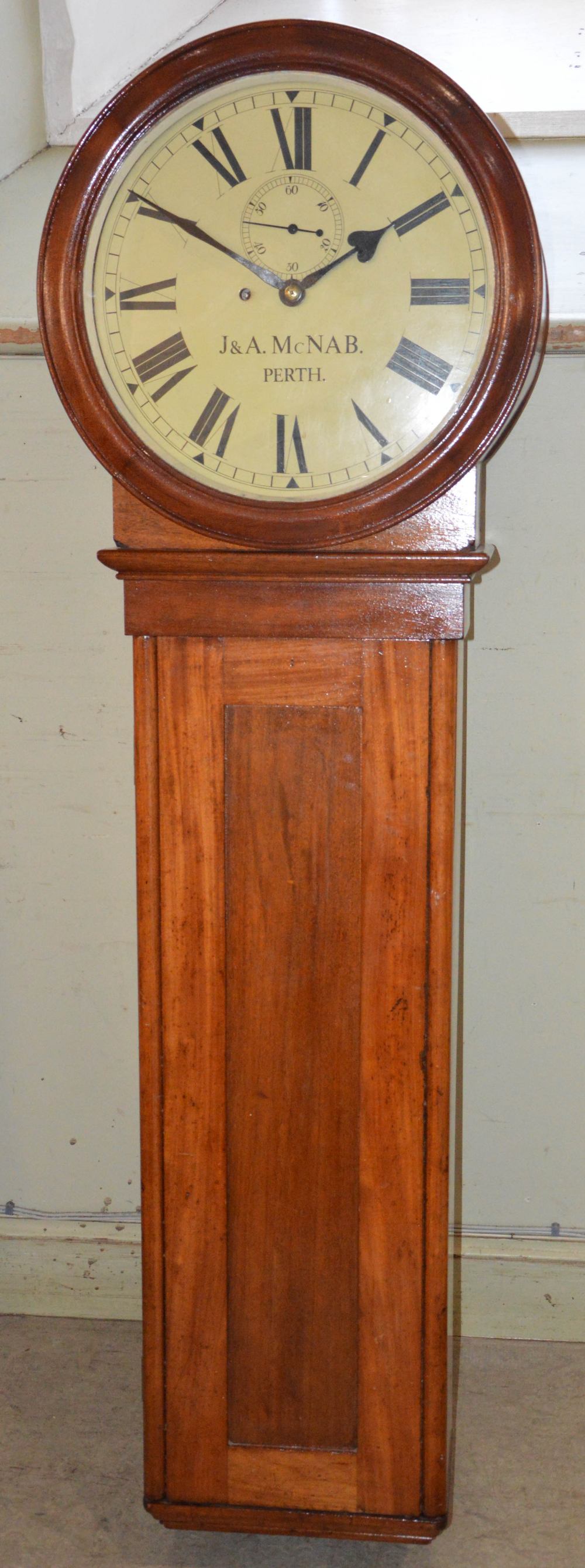 A 19th century mahogany railway station regulator wall clock, J & A MCNAB, PERTH, the 15" circular