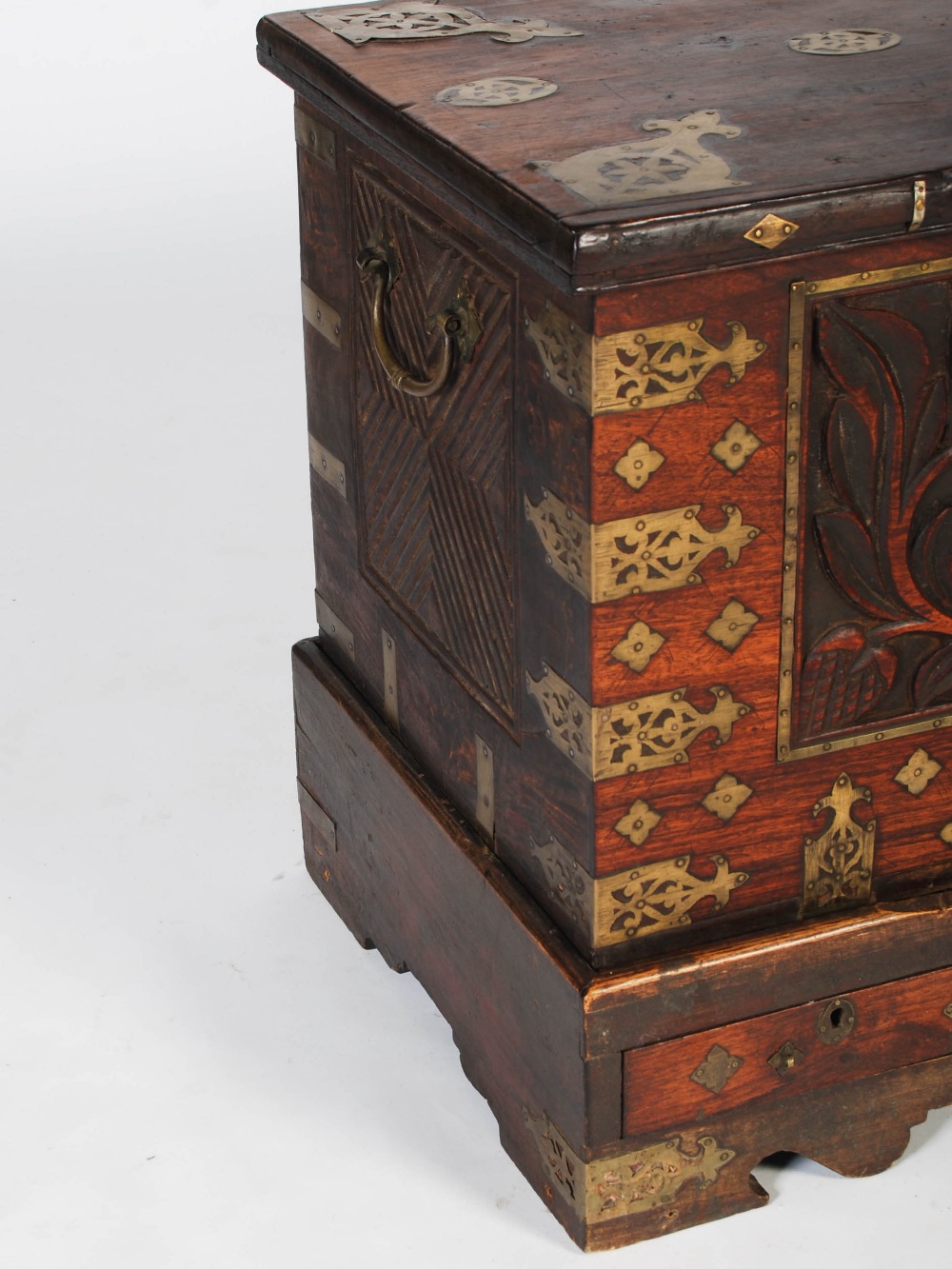 A 19th century Anglo-Indian brass bound chest on stand, the hinged rectangular top inlaid with - Image 2 of 7