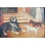E. Benson (Welsh Primitive School, 19th century) Three dogs and kitten oil on panel, signed and