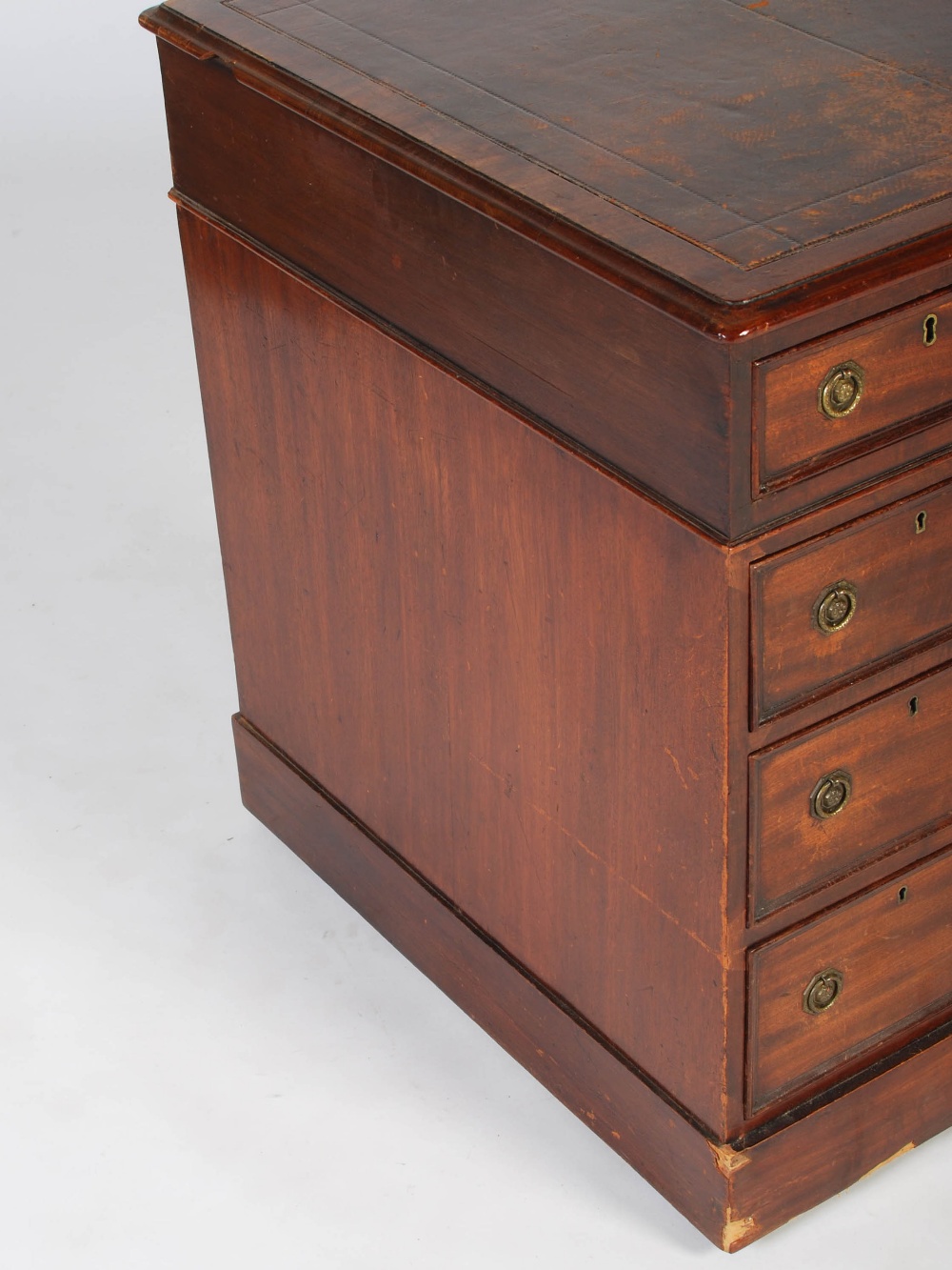 A 19th century mahogany pedestal desk, the rectangular top with claret coloured skiver above a - Image 3 of 6