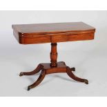 A 19th century mahogany and rosewood banded pedestal tea table, the hinged revolving rectangular top