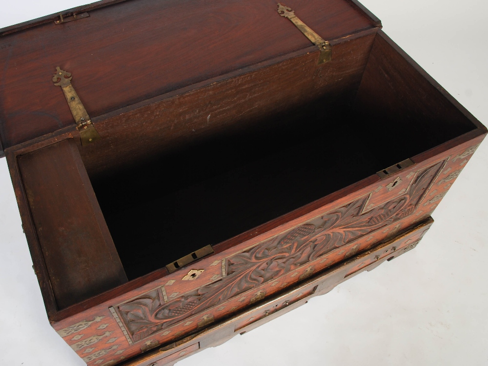 A 19th century Anglo-Indian brass bound chest on stand, the hinged rectangular top inlaid with - Image 6 of 7