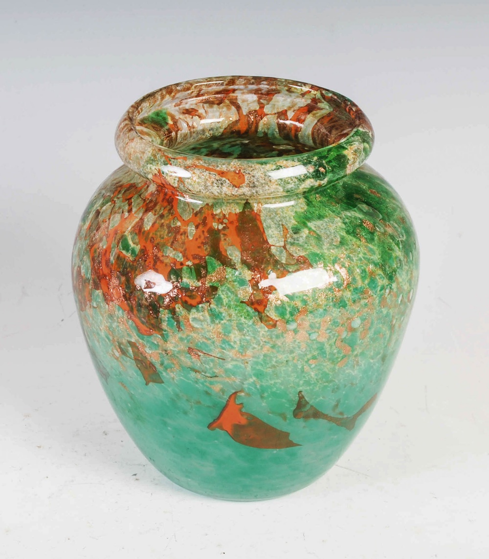 A Monart vase, probably shape QB, mottled greens and orange with gold coloured inclusions, 18cm