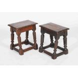 Two antique oak joynt stools, one with planked rectangular top and moulded edge raised on tapered