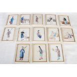 Thirteen Chinese watercolours on pith paper, Qing Dynasty, comprising; seven depicting ladies and