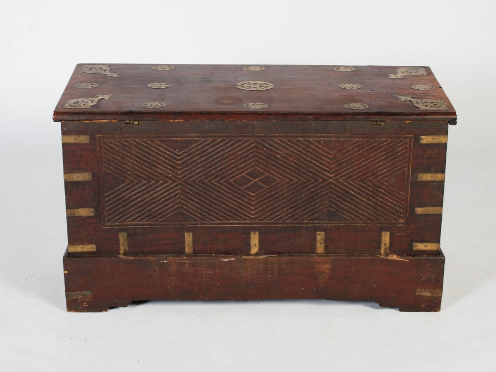 A 19th century Anglo-Indian brass bound chest on stand, the hinged rectangular top inlaid with - Image 7 of 7