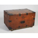 A 19th century stained pine and metal bound silver chest, the hinged cover opening to a green