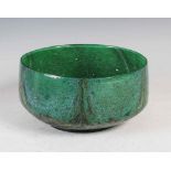 A Monart bowl, shape XB, green and blue glass with six pulled up lines and clear glass interior,