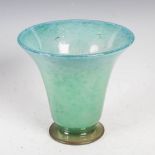 A Monart vase, shape TB, mottled blue and green glass with applied foot, 18cm high.