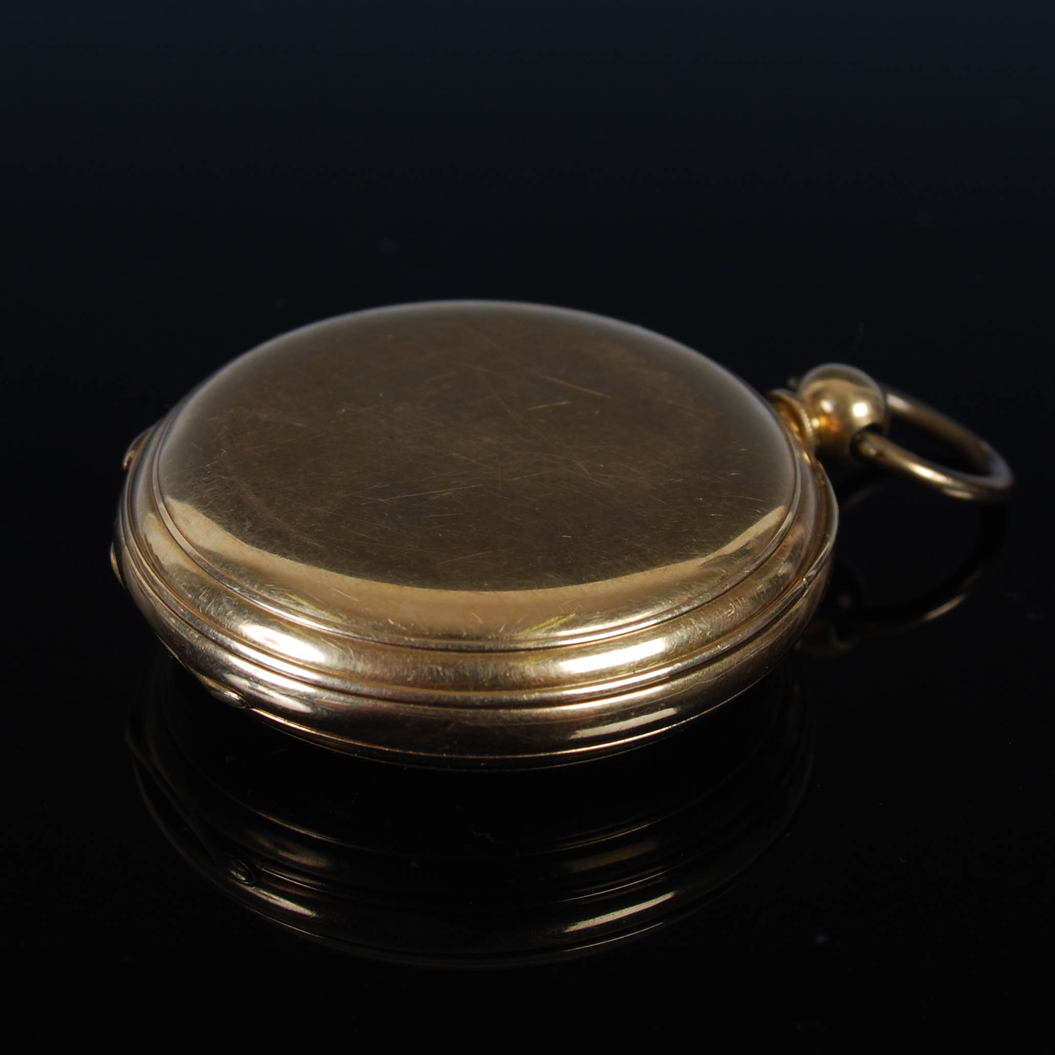 A yellow metal half hunter pocket watch, the outer cover with black enamel Roman numeral detail, the - Image 2 of 7