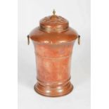 A 19th century copper and brass covered churn, dated 1879, the hinged cover fitted with a brass