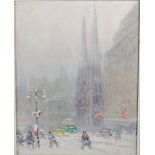Johann Berthelsen (American, 1883-1973) New York under snow, St. Patrick's Cathedral oil on canvas