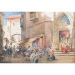 Pollok Sinclair Nisbet ARSA RSW (1848-1922) Street scene with figures outside a church