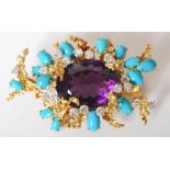 George Weil, a yellow and white metal amethyst, turquoise and diamond brooch/ pendant, circa 1970,
